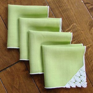 Vintage Green Crochet Lace Napkins Set of 4 Square Kitchen Dining Napkins